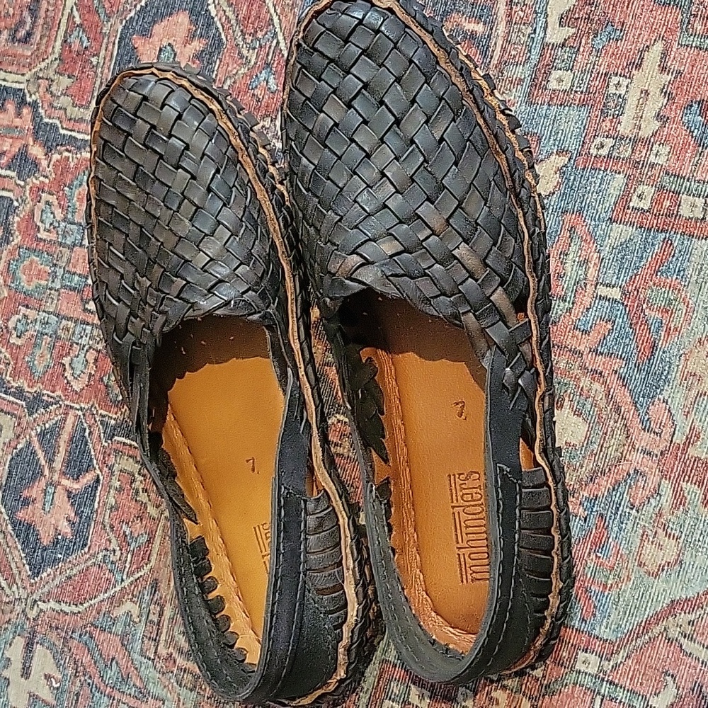 Women's Black Woven Leather Loafers